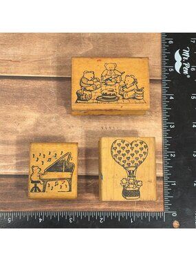 VTG All Night Media Teddy Bear Wood Rubber Stamp Lot Balloon Piano Birthday Cake